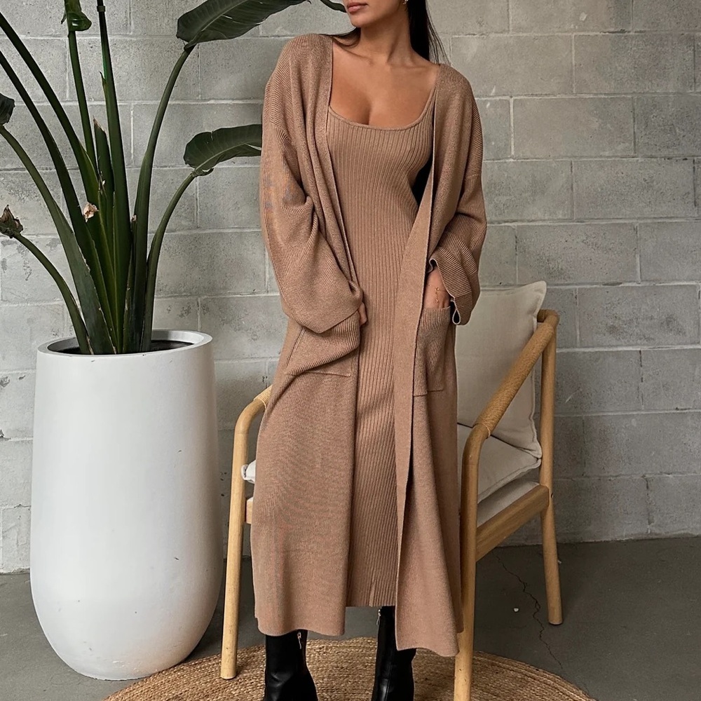 Brunette The Label Jennifer Rib Knit Maxi Dress in Fawn Tan size L XL